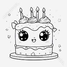 Fun coloring page featuring a cheerful cake with candles for children to enjoy. Generative AI