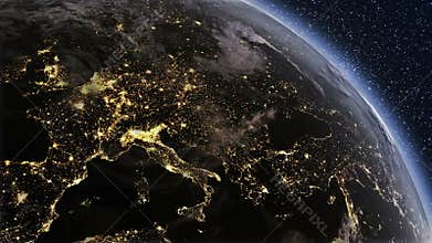 Fly over city lights from Space till morning