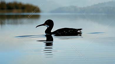 serene lake with black-throated diver. graceful waterbird gliding on calm lake. peaceful nature scene with diving bird.