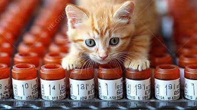 Orange Kitten Investigating Small Medicine Vials