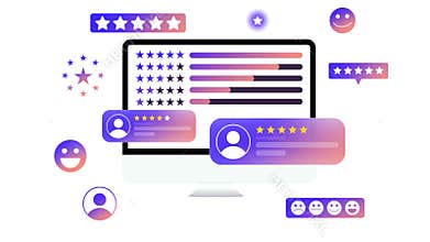 Modern Five star rating and reviews with colorful design elements floating on the black backdrop. Customer rating, feedback,