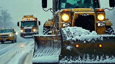 Snow plows clear roads in winter storm as snow accumulates on vehicles and streets