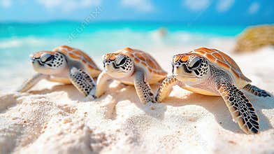 Three Adorable Baby Sea Turtles Crawling on a Sunny Tropical Beach