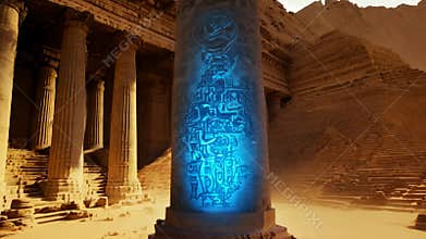 A column with strange glowing ancient writings in the middle of an abandoned temple in the desert.