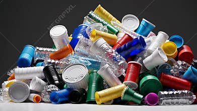 Slow motion plastic waste accumulation on gray background