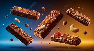 Surreal Chocolate-Covered Fruit and Nut Bars Levitating Against Gradient Background