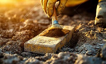 Archaeologist brushing artifact, dig site, sunset, historical research