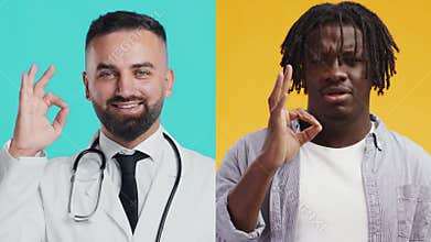 Diverse group of people in healthcare expressing positivity and reassurance