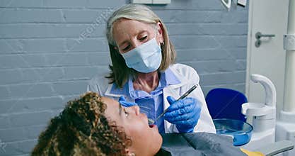 Female Dentist Performing a Checkup on a Young Woman's Teeth in a Dental Clinic