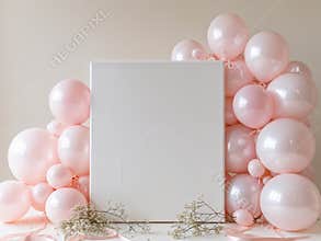 Blank White Canvas Surrounded by Pink Balloons and Decor Elements.