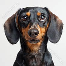 A close-up picture of a dachshund with dark brown fur and tan markings, tilted head and expressive eyes Shallow depth of