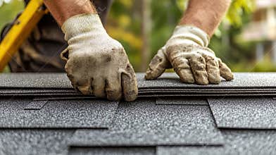 Roofing Installation: A close-up on skilled hands laying shingles.