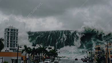 A massive tsunami wave, towering over a coastal town, crashes towards the shore