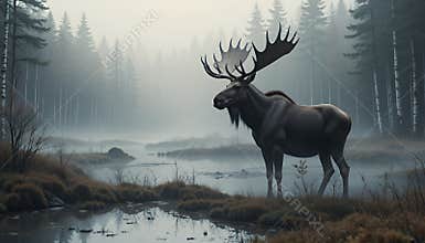 Majestic Moose in Misty Forest near Still Water