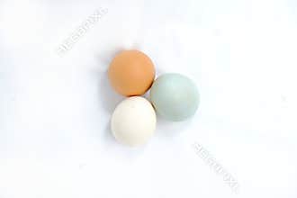 Three eggs: brown, white, and blue-green on white.