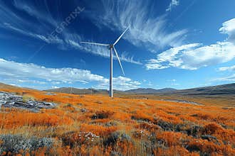 Large wind turbine generating electricity in agricultural field under clear blue sky