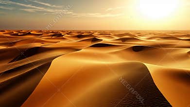 Vast golden dunes stretch endlessly under the warm glow of the sun at dusk in an enchanting desert landscape