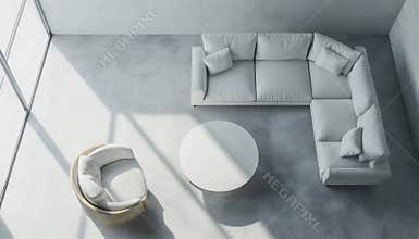 Modern Living Room With White Walls And Concrete Floor