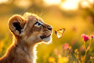 Baby lion is looking at a butterfly