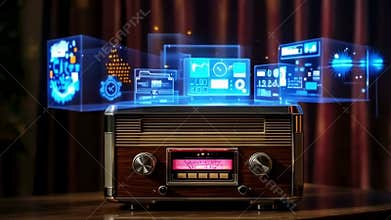 Ai-generated illustration of a retro radio with digital futuristic interface Icons