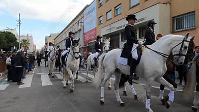 Barcelona, Spain-February 1, 2025. Carriage pulled by horses during the catalan Sant Antoni traditional festivity. Les Tres Tombs