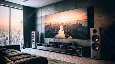 Big TV wall screen in modern living room, television set in luxury interior, home theater