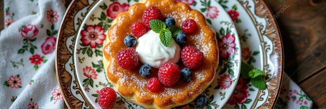 Delicious berry tart with cream topping on floral plates