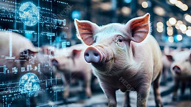 A conceptual image of pigs in a market setting, with floating graphs representing market dynamics