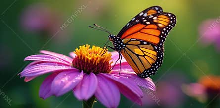 Monarch butterfly on bright purple coneflower dew drops visible bright macro nature scene