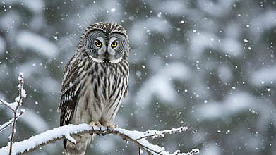 Majestic Great Grey Owl in a Winter Snowfall, Asia