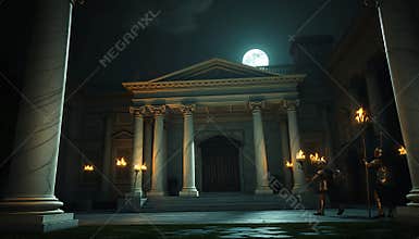 Ancient Roman Temple at Night: Low-Poly Digital Illustration