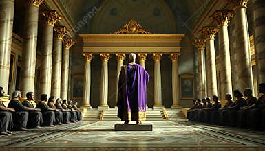 VFX Roman Senate Hall: Purple-Robed Figure Addresses Assembly in Grand Marble Chamber