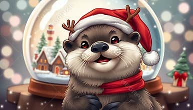 Cheerful Cartoon Otter in Santa Hat Celebrates Christmas