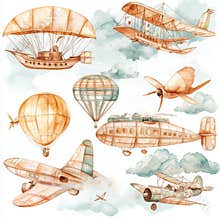 Watercolor clip art depicting retro airplanes and hot air balloons