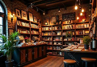 Cozy Classic Bookstore Interior with Wooden Shelves Full of Books and Warm Lighting, Vintage and Aesthetic Atmosphere