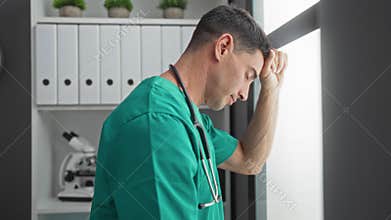 Doctor in green scrubs looking pensive by window in medical office with stethoscope reflecting healthcare challenges and