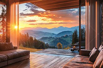 Stunning sunset view from a modern mountain cabin overlooking vibrant valleys and peaks