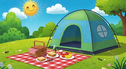 Bright sunny day picnic at a vibrant green campsite with a cozy tent