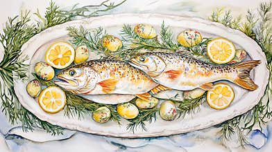 Realistic watercolor illustration of freshly cooked fish garnished with lemons and herbs. concept of gourmet cuisine