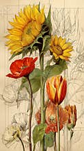Vintage Botanical Sunflower, Poppy, and Tulip Arrangement with Sketch Background