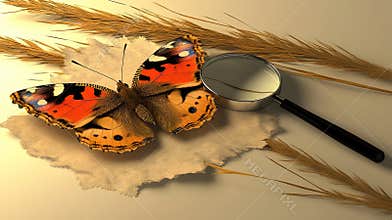 Butterfly, Magnifying Glass, Wheat, Paper, Study, Still Life, Nature, Close-up