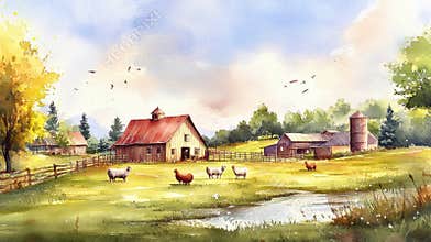 Soft watercolor painting of a nostalgic farm with cows, chickens, and horses enjoying a sunny day in a picturesque