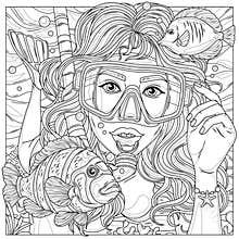 Girl snorkeling among tropical fish. Coloring book antistress for adults.