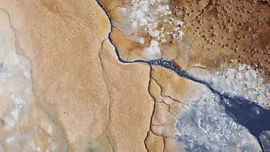 Aerial view of vibrant geothermal patterns at Hverir, Iceland