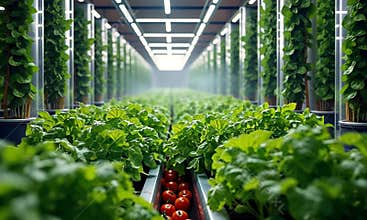 Modern Vertical Farming: Hydroponic Greenhouse with Tomatoes and Lettuce
