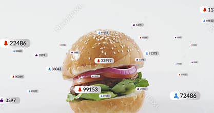 Burger surrounded by animated social media notifications and numbers floating around