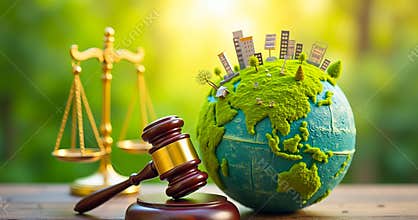 Balance Between Law and Sustainability: Scales of Justice with a Green Globe and Solar Panel