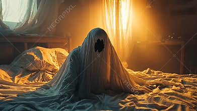 apparition in bedroom: shrouded figure sits upon rumpled bed bathed in golden light creating an eerie ambiance
