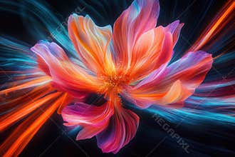 Vivid flower with flowing colors and dynamic movement in a dark background