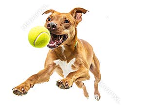 Dog playing with a tennis ball isolated against a transparent background